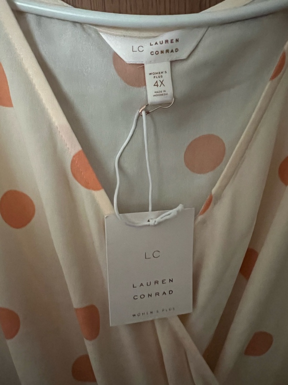 NWT Lauren Conrad Flutter Peach/Orange Polka Dot Faux Wrap Midi Dress Size 4x - Picture 4 of 4